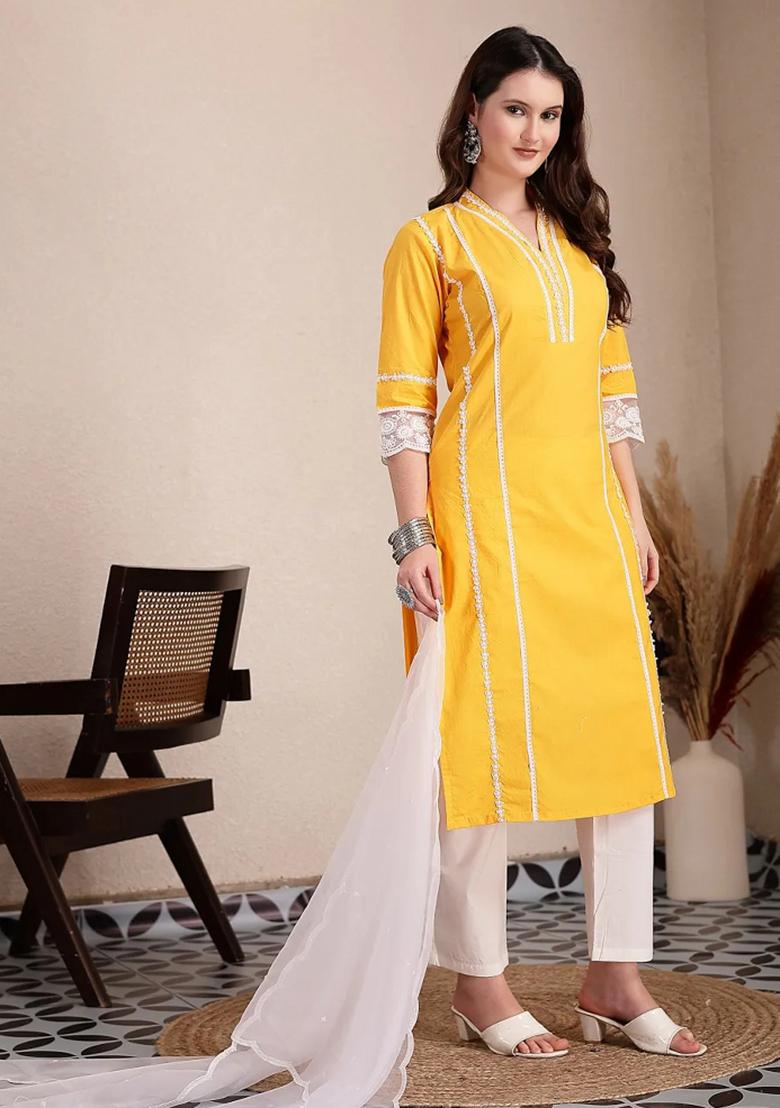 Yellow Motif Cotton Kurta Dupatta Set - Indya