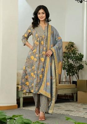 Grey Printed Cotton Kurta Dupatta Set