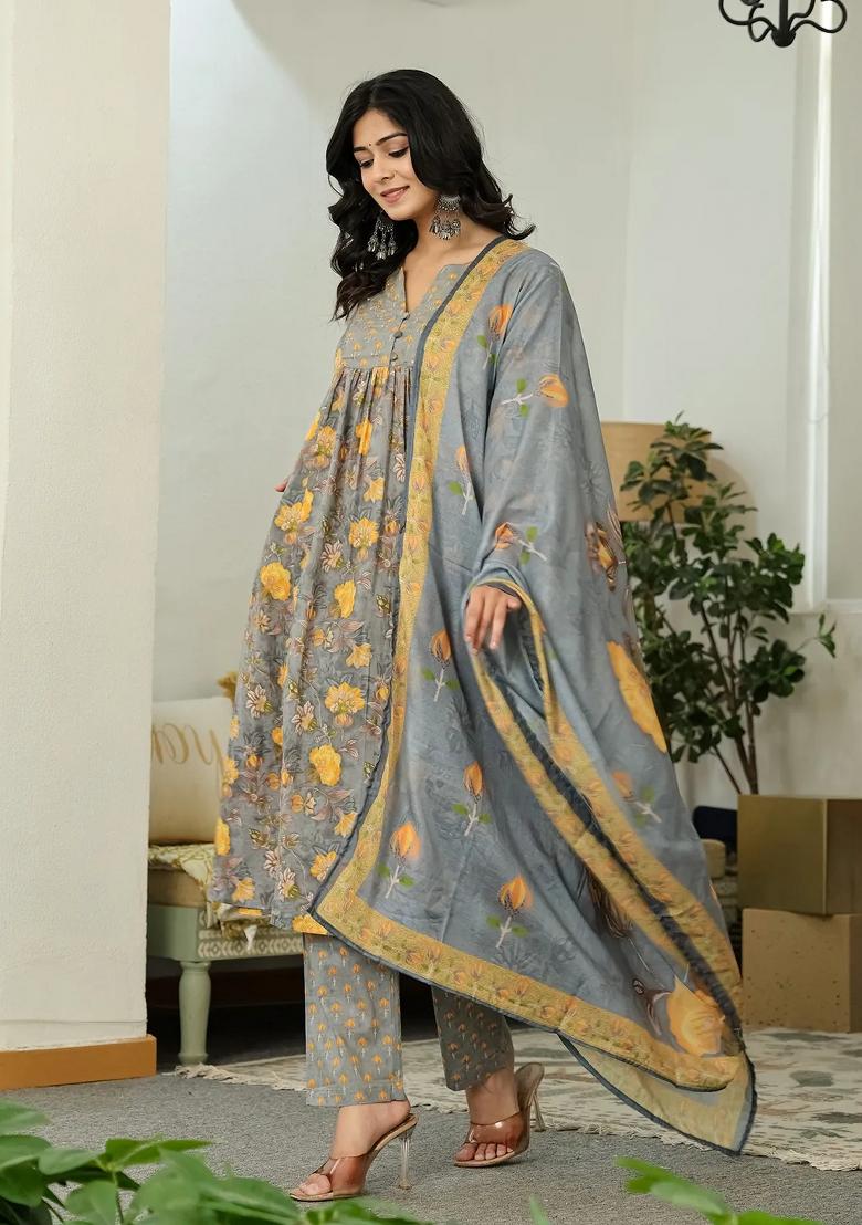 Grey Printed Cotton Kurta Dupatta Set - Indya
