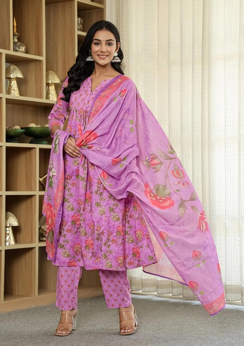 Purple Printed Cotton Kurta Dupatta Set - Indya