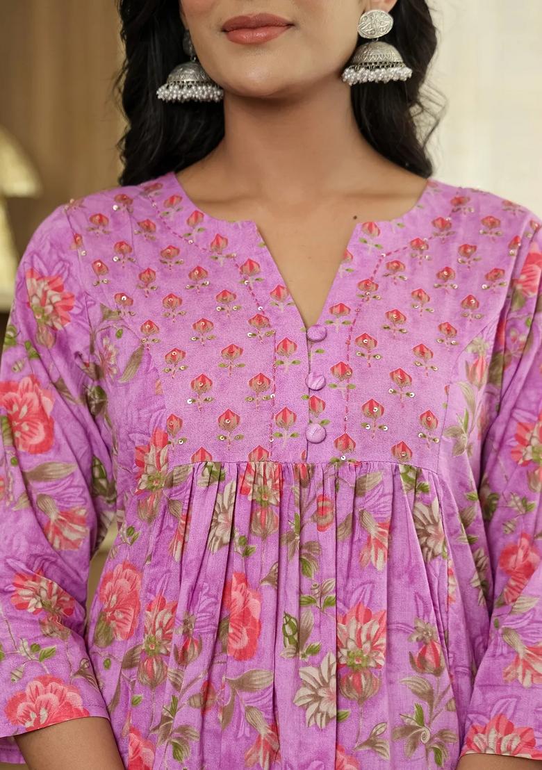 Purple Printed Cotton Kurta Dupatta Set - Indya