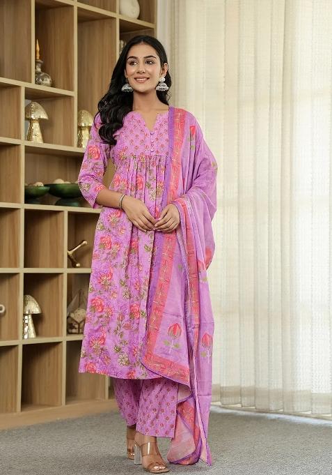 Purple Printed Cotton Kurta Dupatta Set