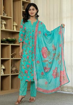 Sea Green Printed Cotton Kurta Dupatta Set