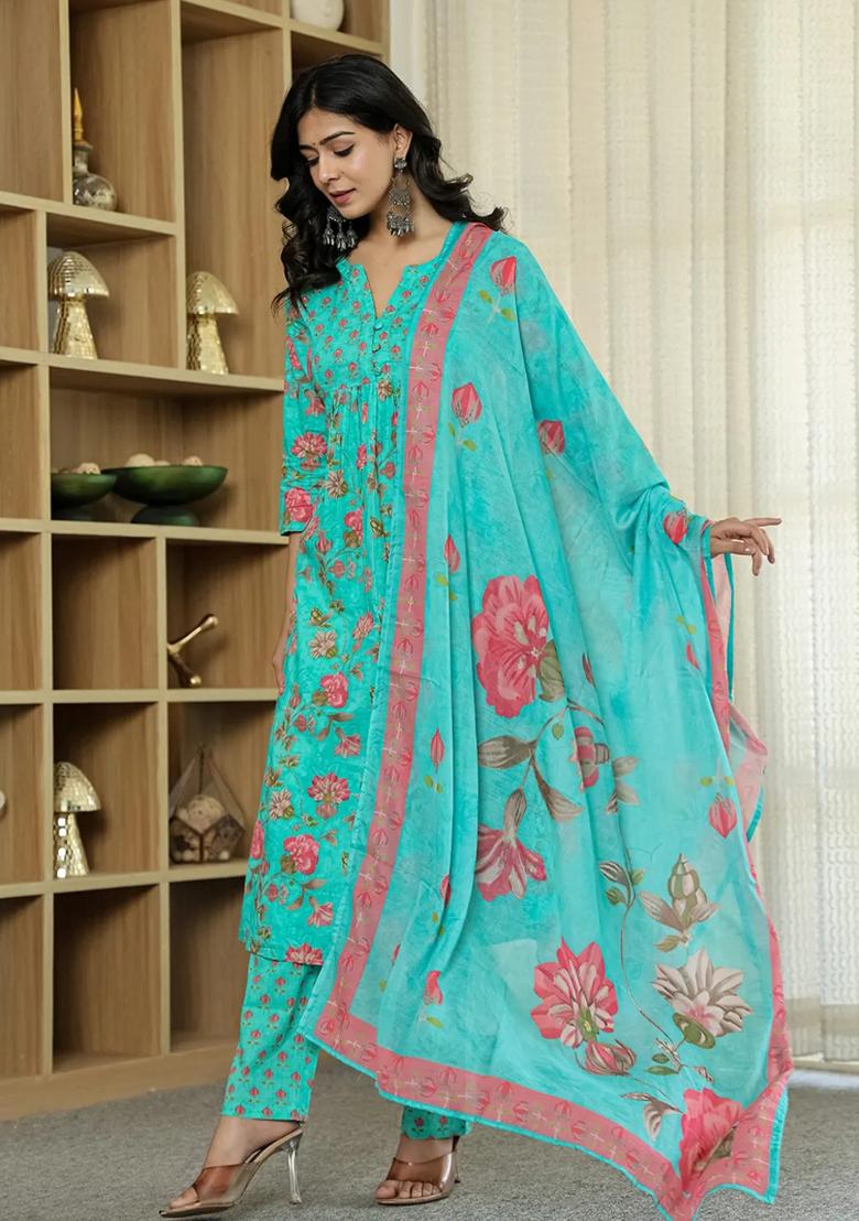 Sea Green Printed Cotton Kurta Dupatta Set - Indya