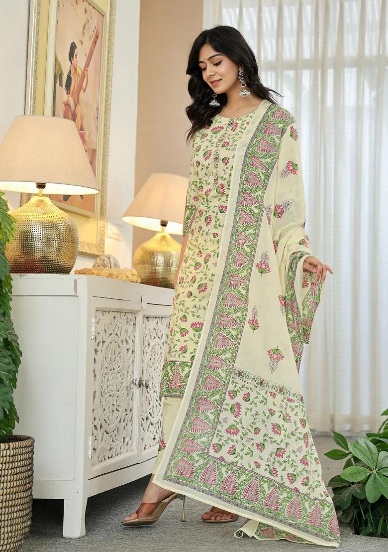 Yellow Printed Cotton Kurta Dupatta Set - Indya