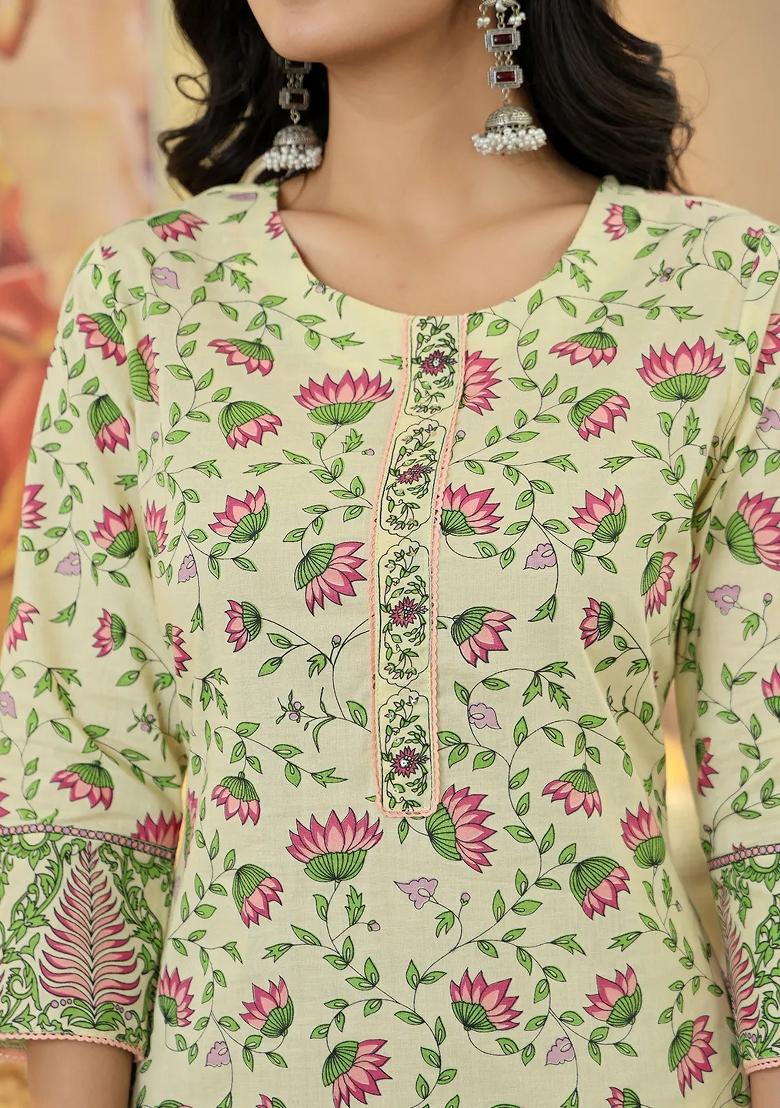 Yellow Printed Cotton Kurta Dupatta Set - Indya