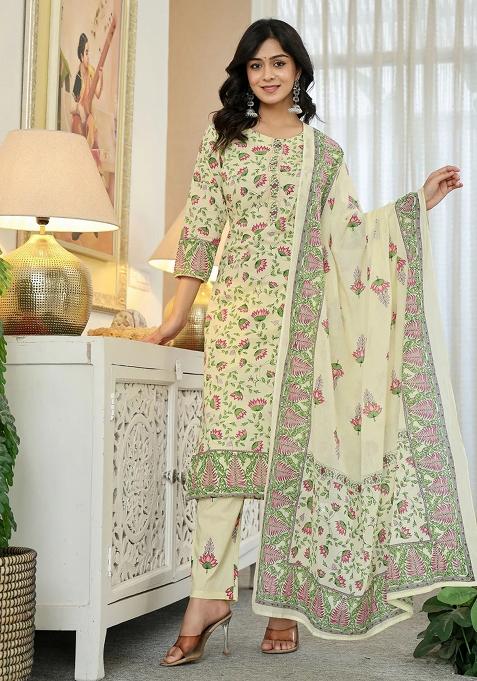 Yellow Printed Cotton Kurta Dupatta Set