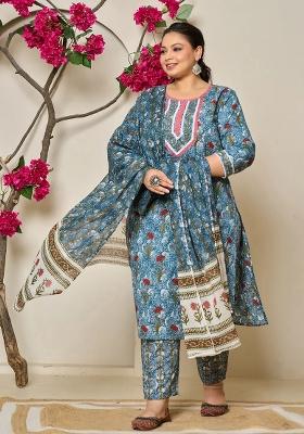 Grey Motif Cotton Kurta Dupatta Set