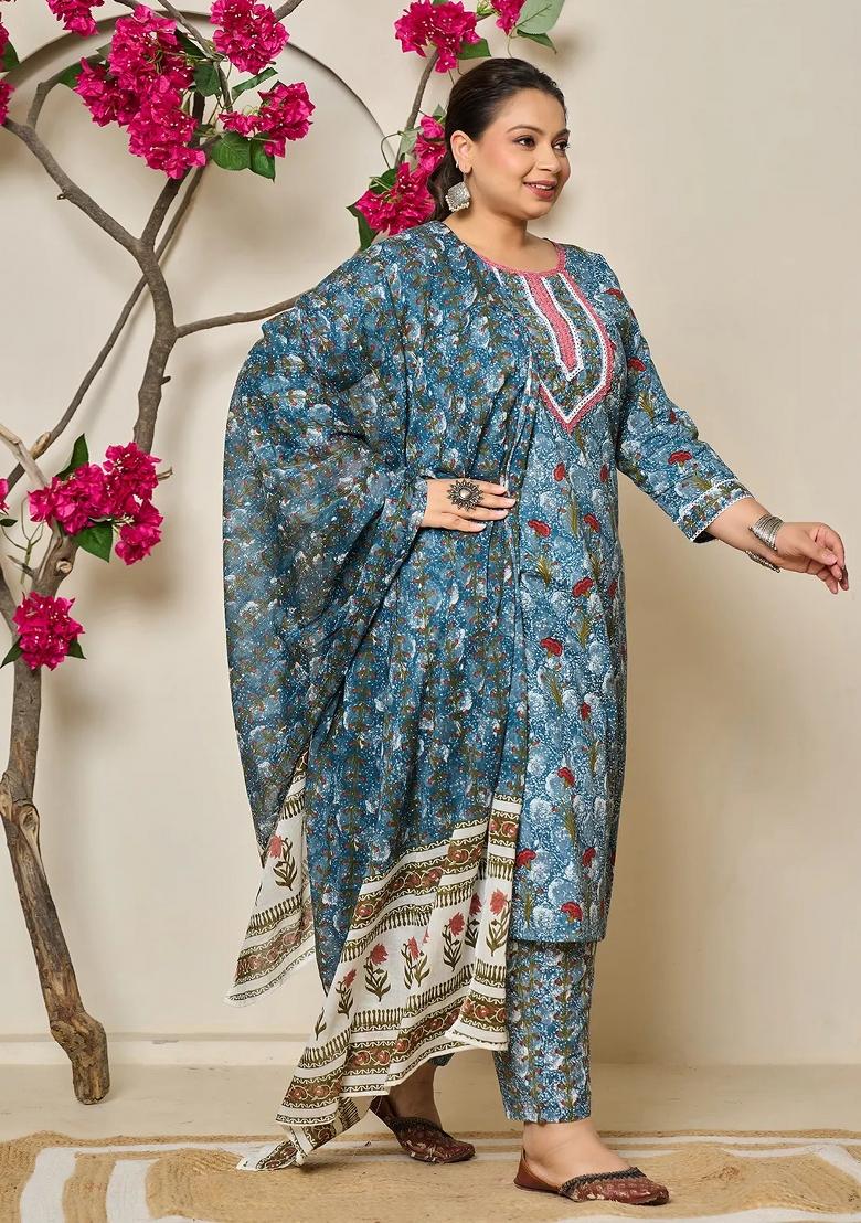 Grey Motif Cotton Kurta Dupatta Set - Indya