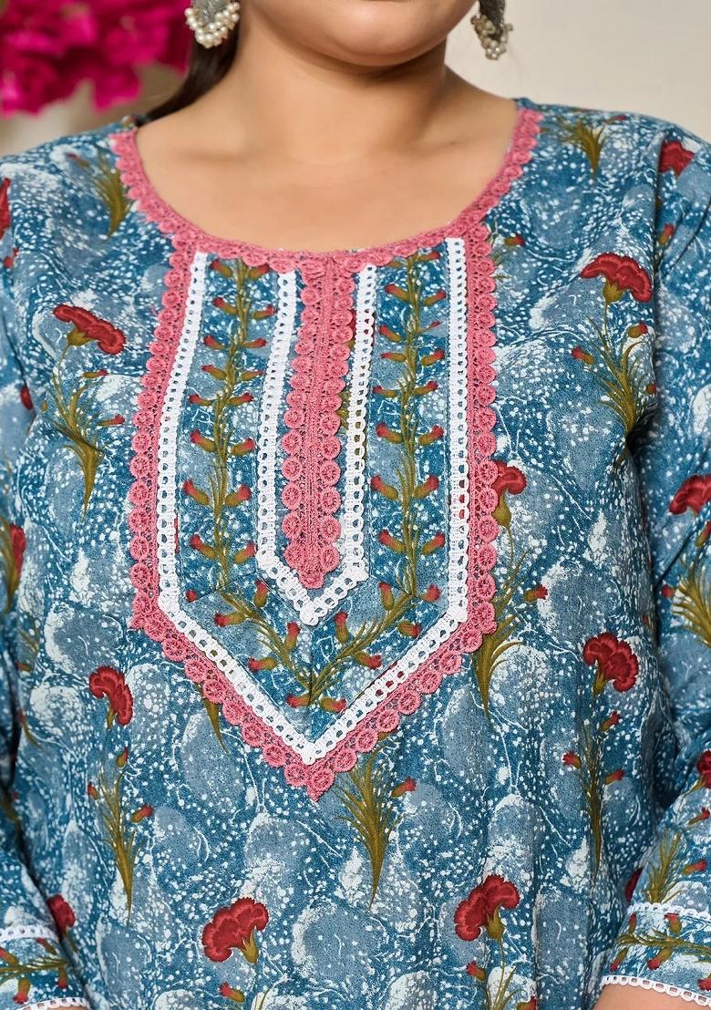 Grey Motif Cotton Kurta Dupatta Set - Indya