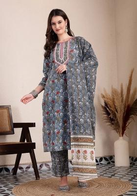 Grey Motif Cotton Kurta Dupatta Set