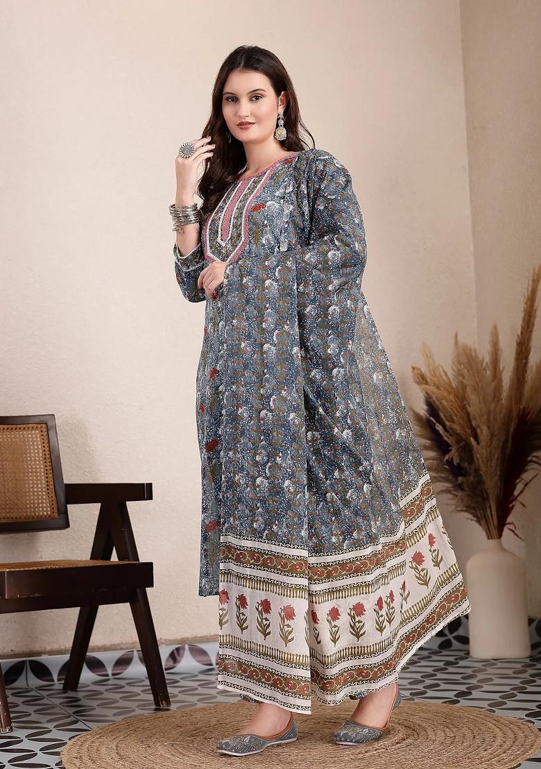 Grey Motif Cotton Kurta Dupatta Set - Indya