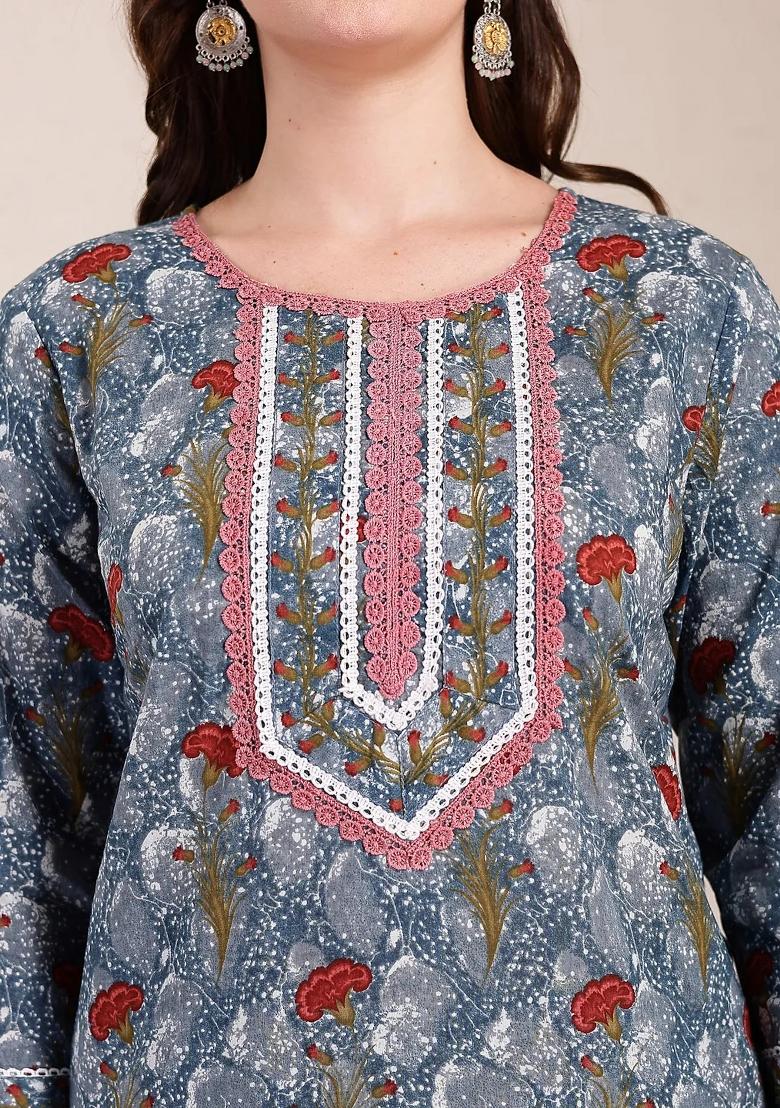 Grey Motif Cotton Kurta Dupatta Set - Indya