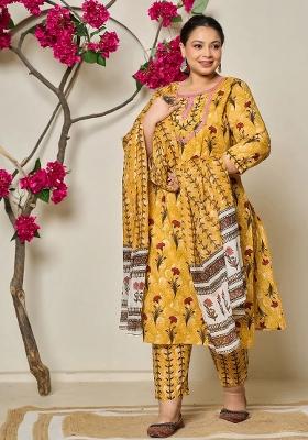 Mustard Motif Cotton Kurta Dupatta Set
