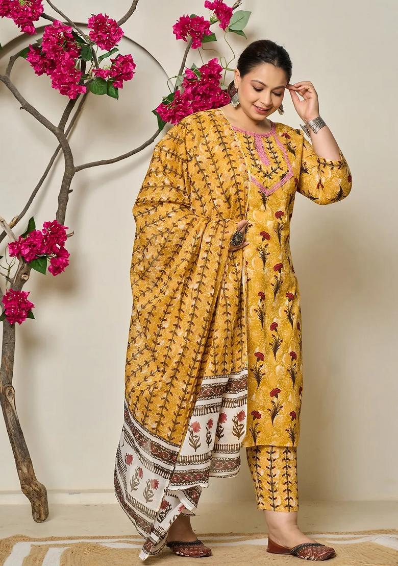 Mustard Motif Cotton Kurta Dupatta Set - Indya