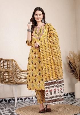 Mustard Motif Cotton Kurta Dupatta Set