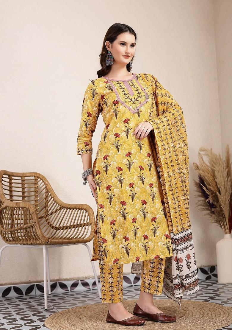 Mustard Motif Cotton Kurta Dupatta Set - Indya
