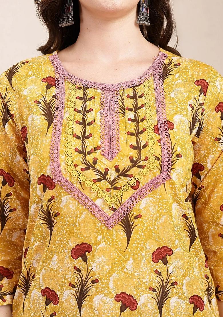 Mustard Motif Cotton Kurta Dupatta Set - Indya