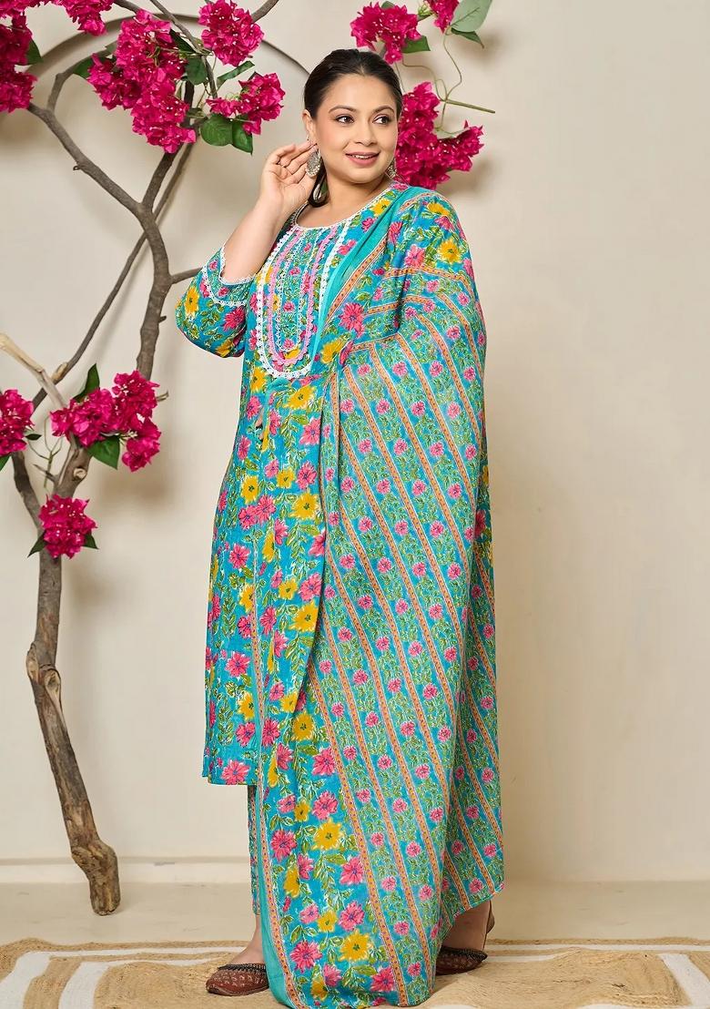 Blue Printed Cotton Kurta Dupatta Set - Indya