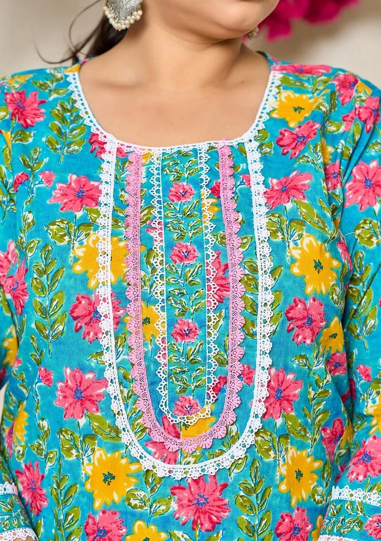 Blue Printed Cotton Kurta Dupatta Set - Indya