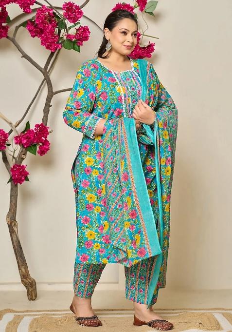 Blue Printed Cotton Kurta Dupatta Set