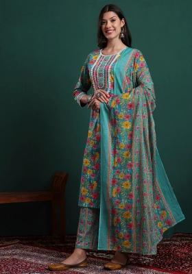 Blue Printed Cotton Kurta Dupatta Set