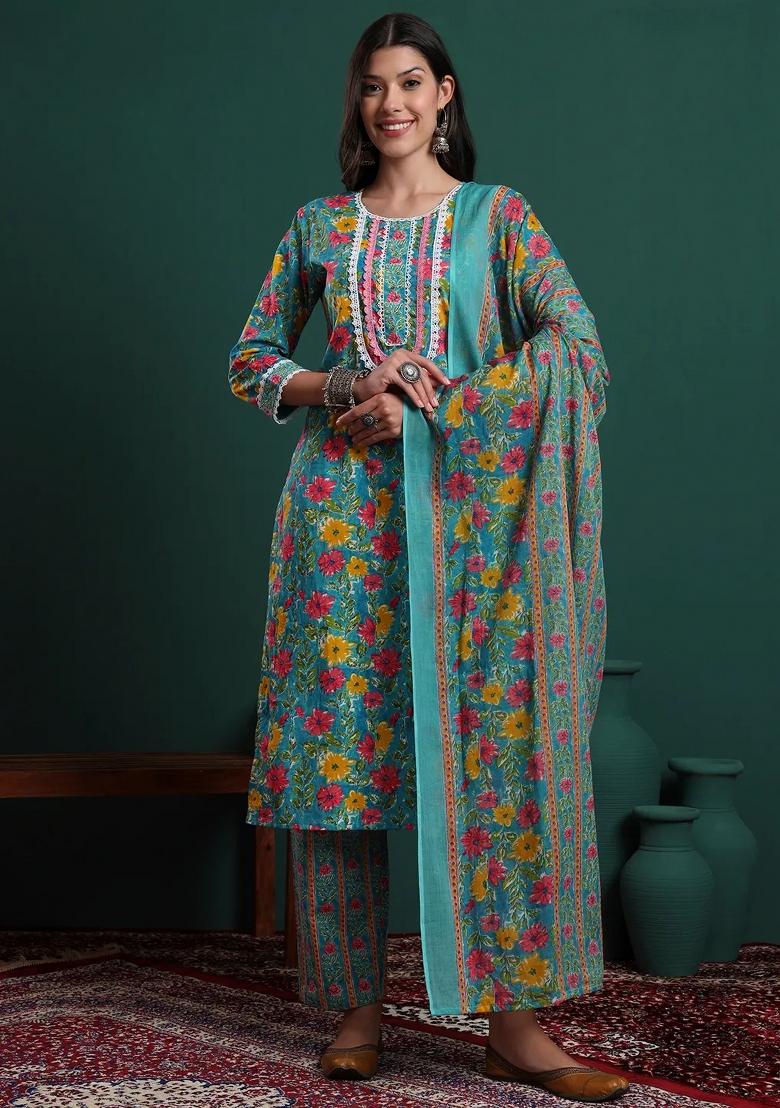 Blue Printed Cotton Kurta Dupatta Set - Indya