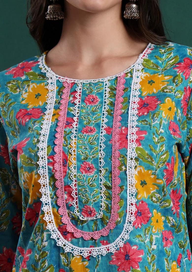 Blue Printed Cotton Kurta Dupatta Set - Indya