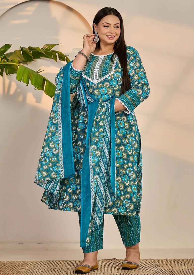 Turquoise Blue Motif Cotton Kurta Dupatta Set - Indya