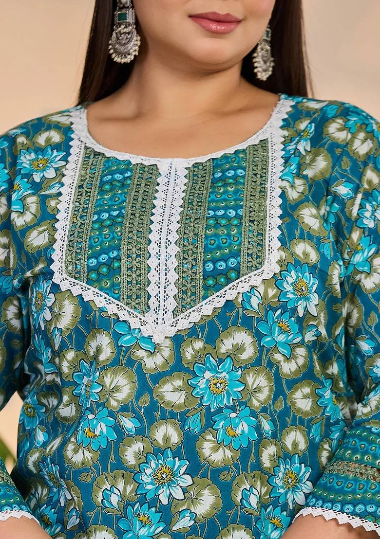 Turquoise Blue Motif Cotton Kurta Dupatta Set - Indya