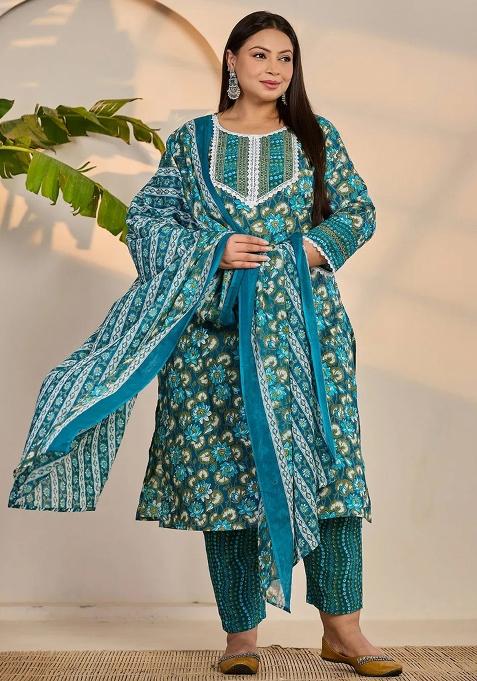 Turquoise Blue Motif Cotton Kurta Dupatta Set