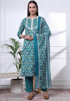 Turquoise Blue Floral Print Cotton Kurta Dupatta Set