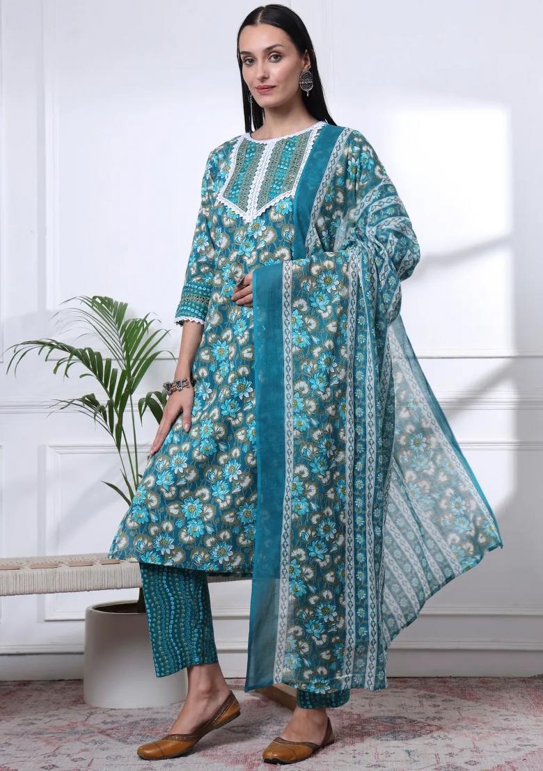 Turquoise Blue Floral Print Cotton Kurta Dupatta Set - Indya
