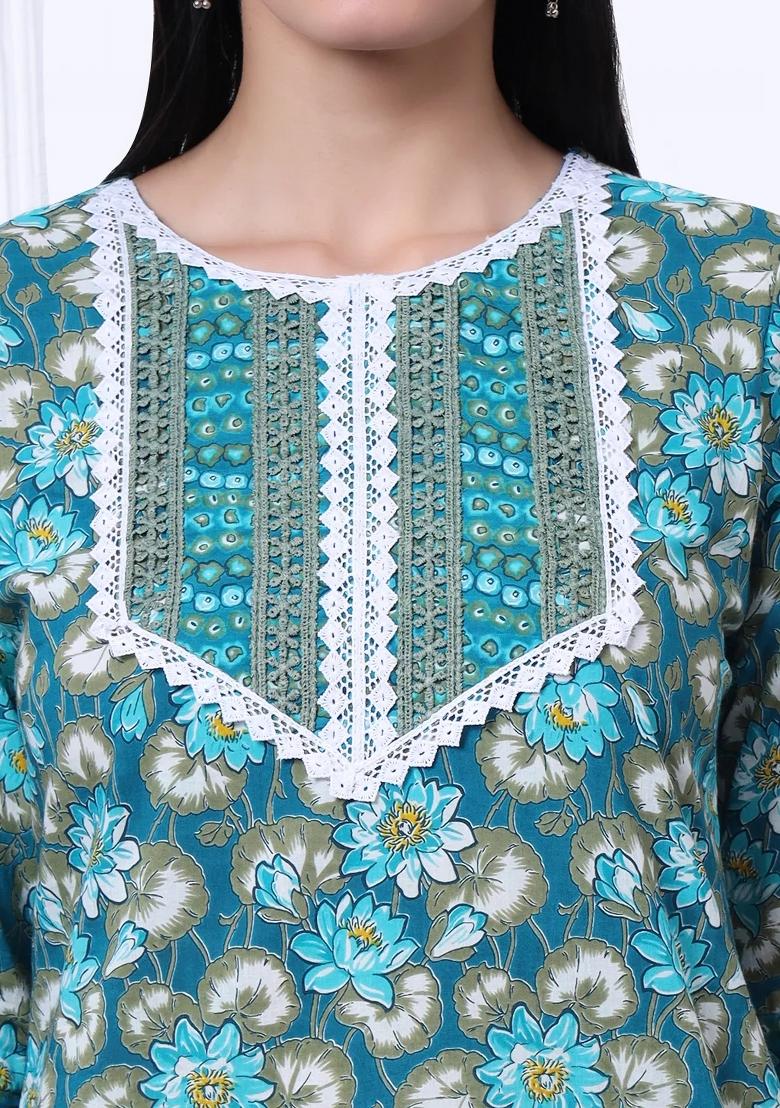 Turquoise Blue Floral Print Cotton Kurta Dupatta Set - Indya