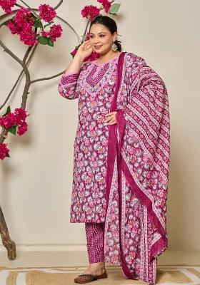 Burgundy Printed Cotton Kurta Dupatta Set