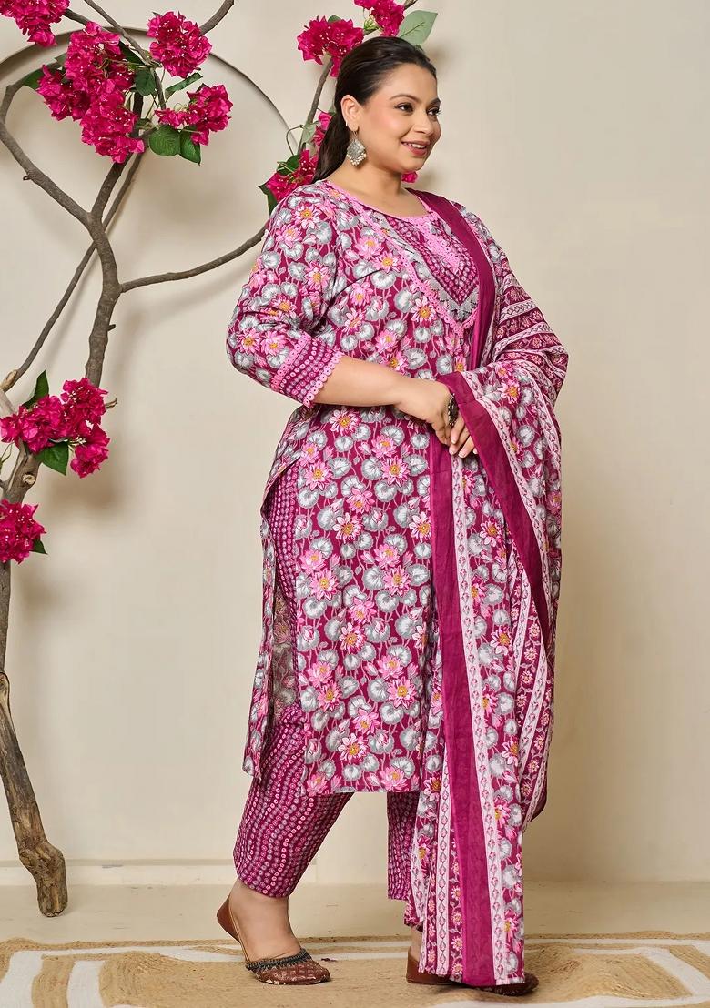 Burgundy Printed Cotton Kurta Dupatta Set - Indya