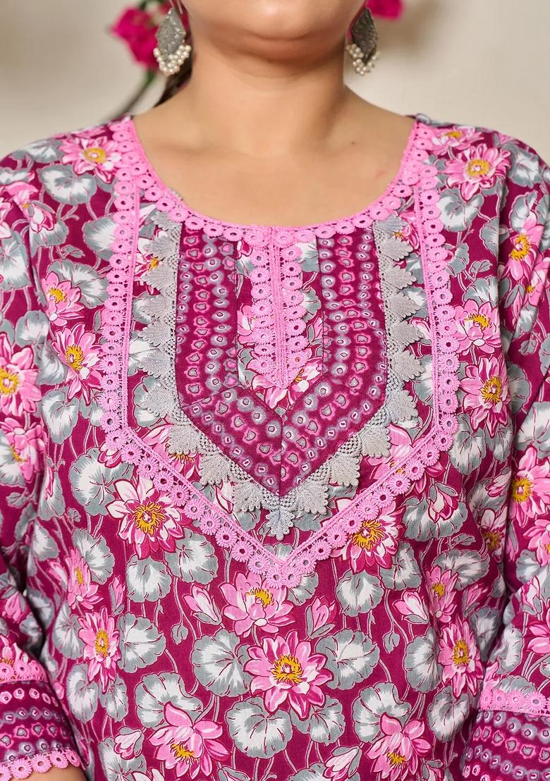 Burgundy Printed Cotton Kurta Dupatta Set - Indya