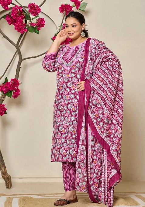 Burgundy Printed Cotton Kurta Dupatta Set