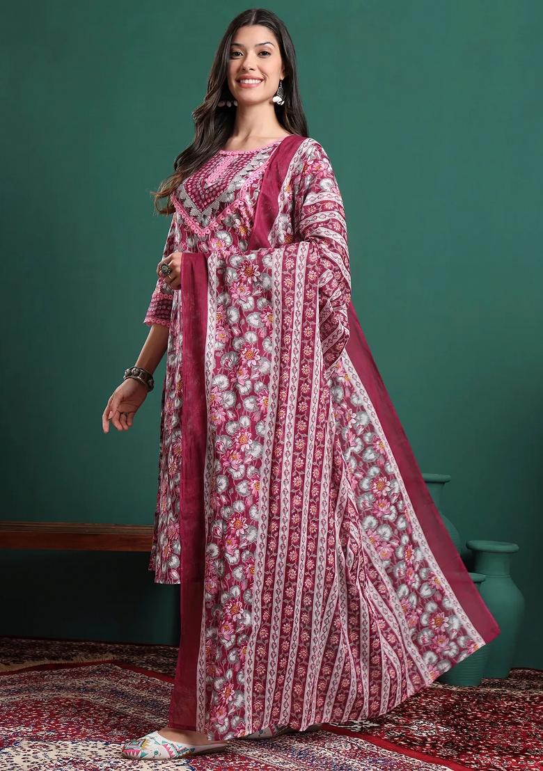 Burgundy Printed Cotton Kurta Dupatta Set - Indya