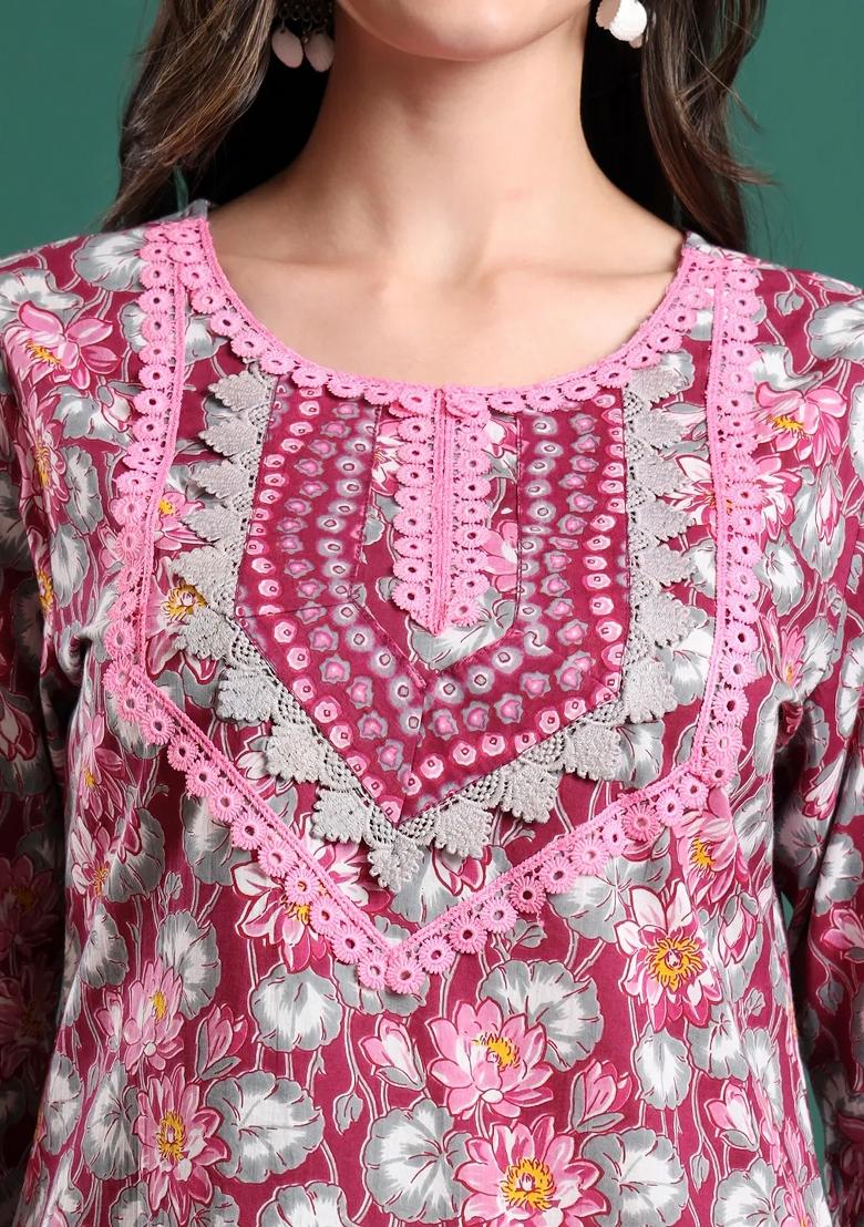 Burgundy Printed Cotton Kurta Dupatta Set - Indya