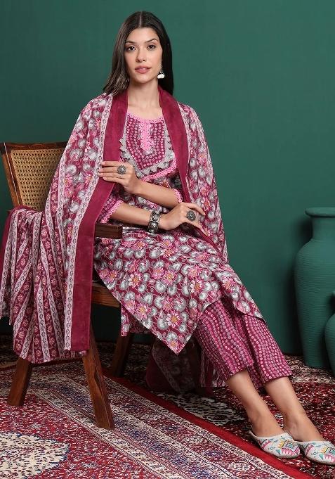 Burgundy Printed Cotton Kurta Dupatta Set