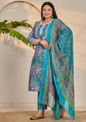 Turquoise Blue Motif Cotton Kurta Dupatta Set