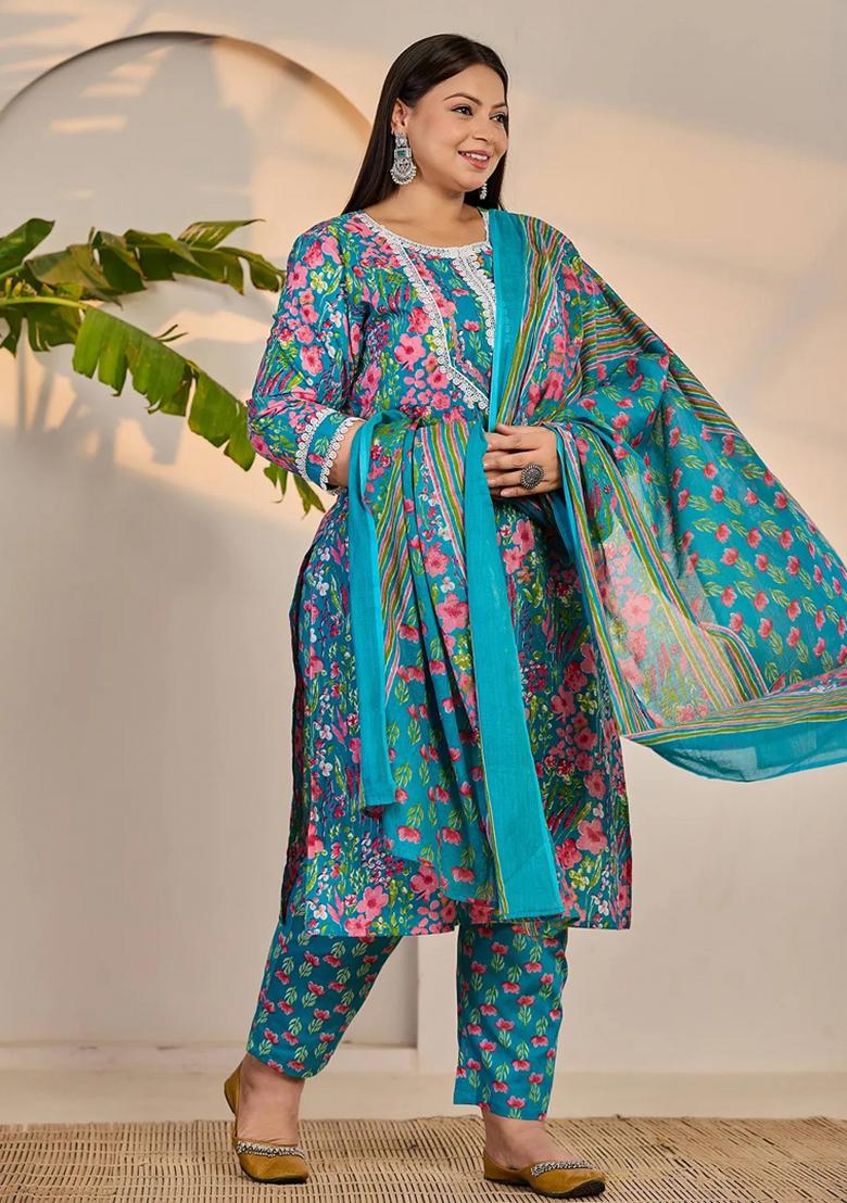 Turquoise Blue Motif Cotton Kurta Dupatta Set - Indya
