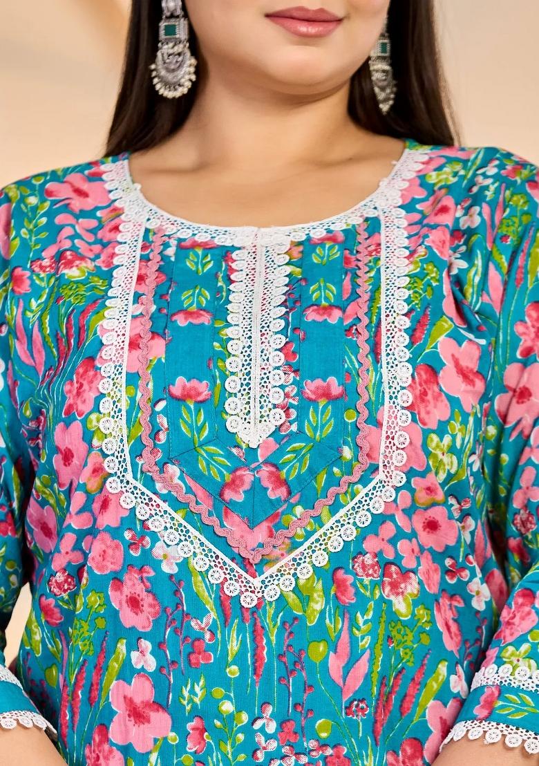Turquoise Blue Motif Cotton Kurta Dupatta Set - Indya