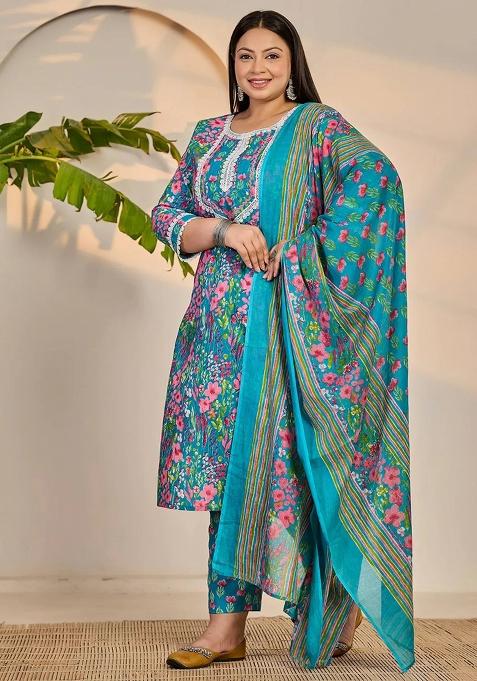 Turquoise Blue Motif Cotton Kurta Dupatta Set