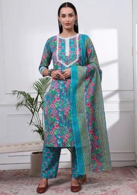 Turquoise Blue Motif Cotton Kurta Dupatta Set
