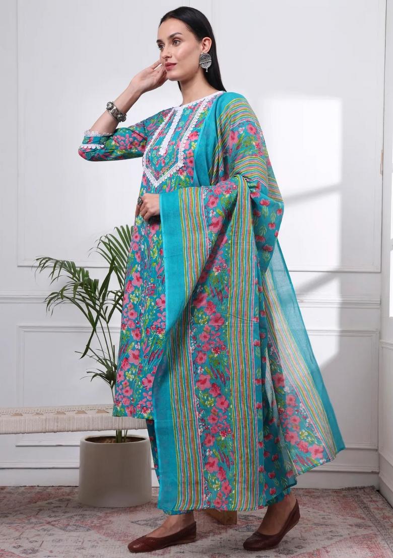 Turquoise Blue Motif Cotton Kurta Dupatta Set - Indya