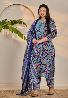 Blue Motif Cotton Kurta Dupatta Set