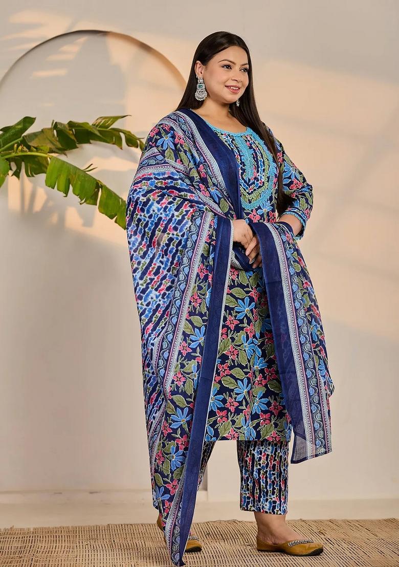Blue Motif Cotton Kurta Dupatta Set - Indya