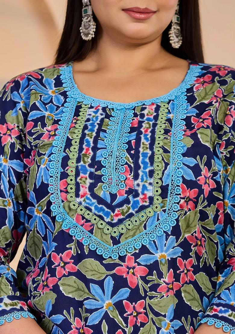 Blue Motif Cotton Kurta Dupatta Set - Indya